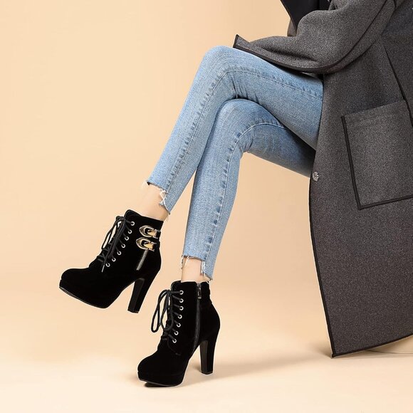 Women's Black Susanny High Heel Platform for Sexy Lace Up Mid Calf Boots - Picture 2 of 7